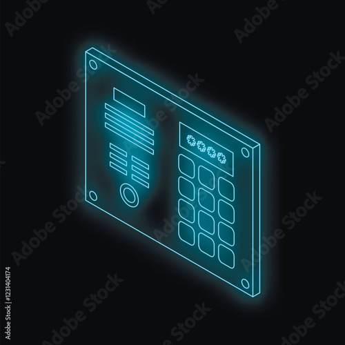 Neon blue isometric intercom system glowing on a black background