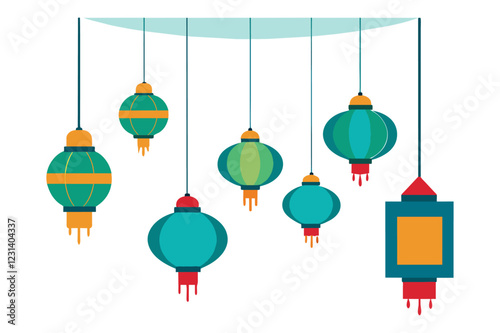 A Set of Lanterns Hanging Above a Blank White Template vector illustration, Hanging lanterns set vector illustration