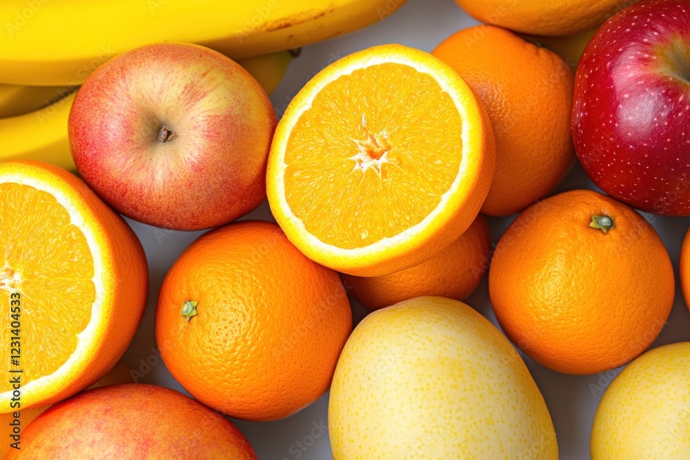 Close-up of fresh oranges, apples, bananas, and mango.