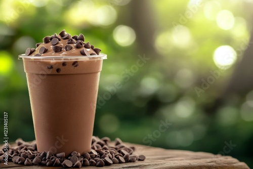 Chocolate milkshake in a plastic cup with chocolate chips on a wooden table, with a green nature background, side view, on a sunny day, with a blurred background. photo