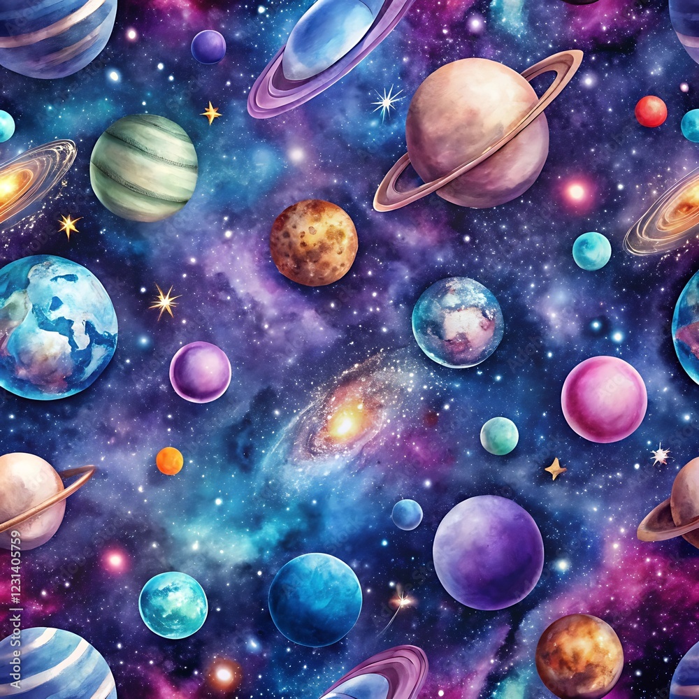 Naklejka premium Colorful painting of the planets in the solar system. Seamless pattern. Watercolor