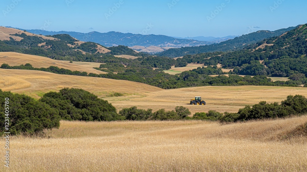 Fototapeta premium Tractor in golden, rolling hills landscape under a clear blue sky.