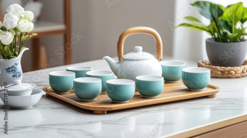 Wallpaper Mural Tea set with teapot, cups, and tray on table. Torontodigital.ca