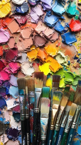 Close-up of colorful paint tubes, brushes and a messy palette, showing the vibrant hues ready for the artist's work.