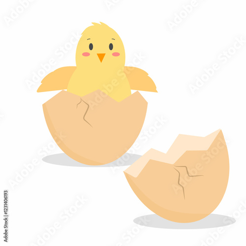 illustration of a newly hatched yellow chick emerging from a cracked eggshell, cracked eggshell and chick cartoon