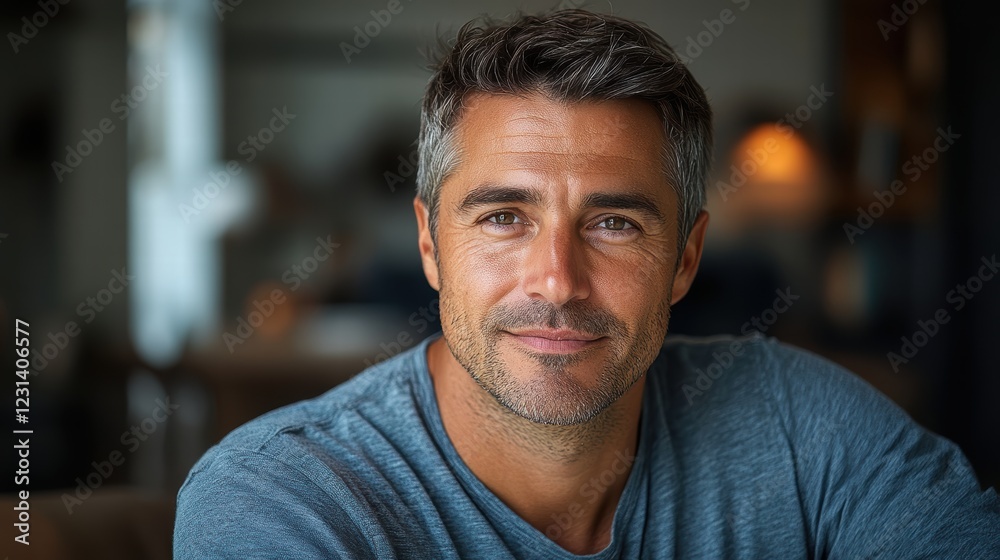 Obraz premium A close-up portrait of a handsome man with short, neatly styled hair and a slight smile, wearing a casual shirt in soft, natural light.