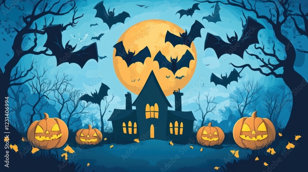 Spooky Halloween night scene with haunted house, bats, pumpkins, and full moon. Spooky Halloween night scene with haunted house, bats, pumpkins, and full moon.