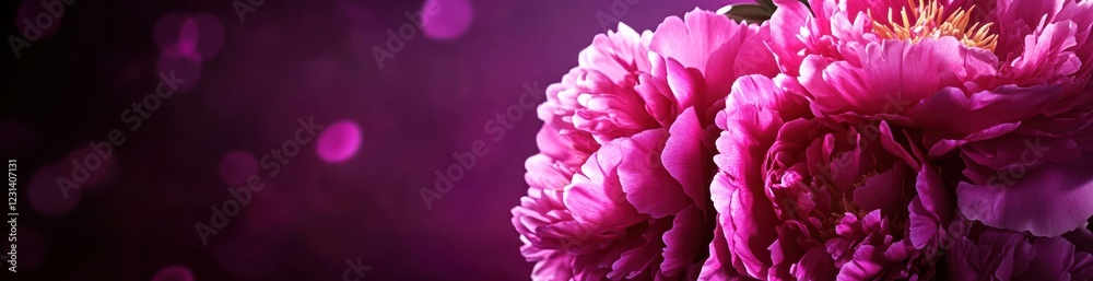 Close-up of vibrant pink peonies against a blurred purple background. Close-up of vibrant pink peonies against a blurred purple background.