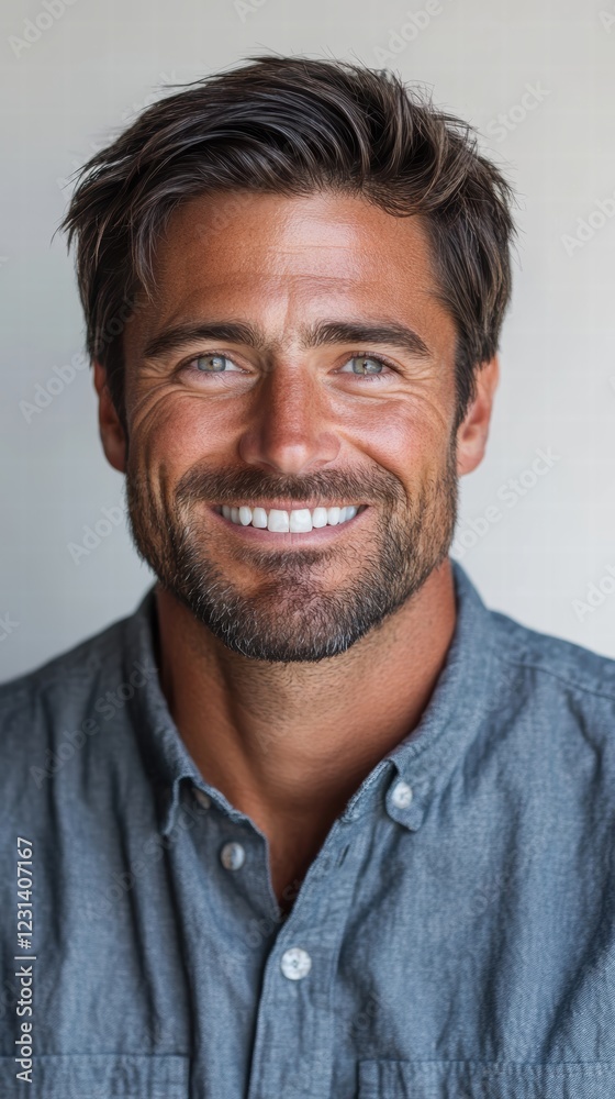 A close-up portrait of a man with a trimmed beard and a warm smile, wearing a button-down shirt and standing against a white background. A close-up portrait of a man with a trimmed beard and a warm smile, wearing a button-down shirt and standing against a white background.