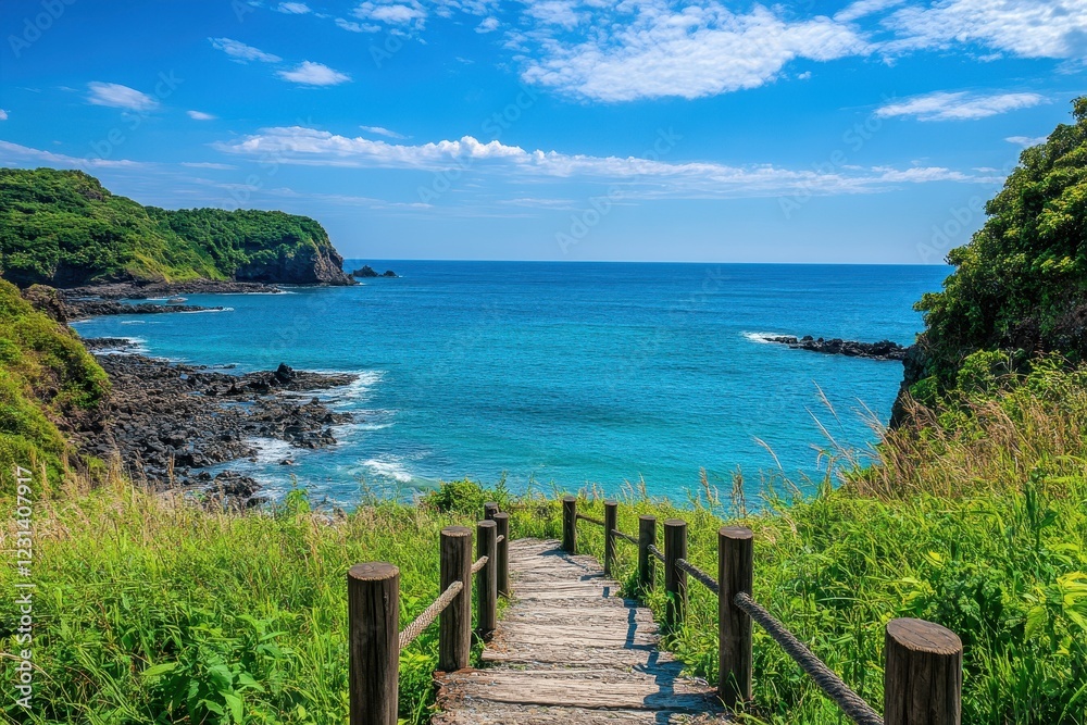 Coastal wooden stairs descend to ocean cove Coastal wooden stairs descend to ocean cove