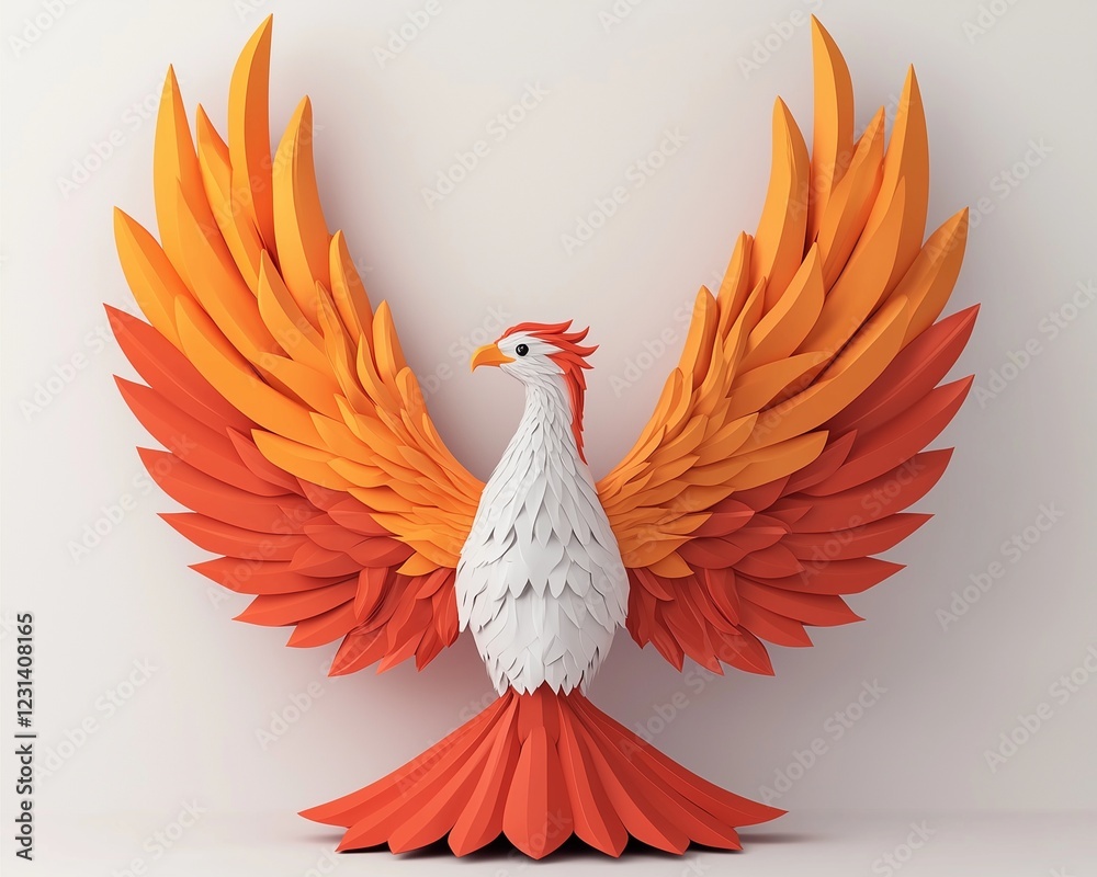 Obraz premium A vibrant, artistic representation of a phoenix, featuring striking orange and yellow wings and a white body, symbolizing rebirth and creativity.