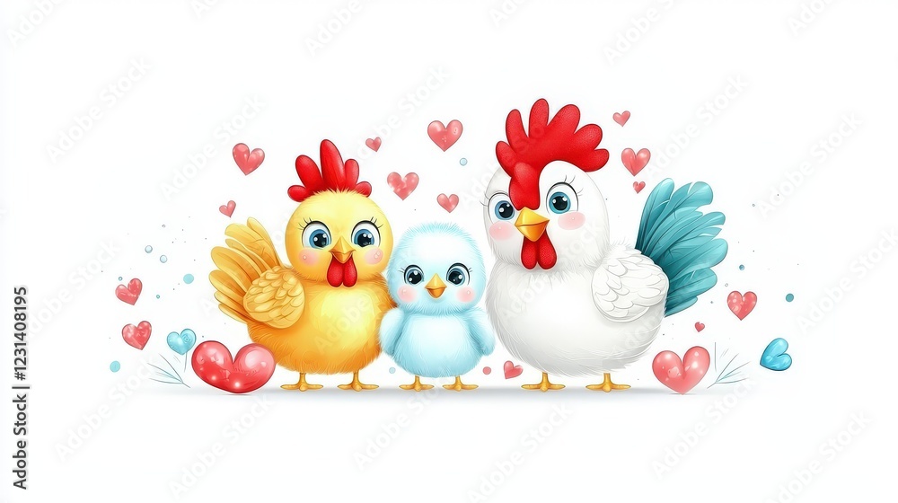Adorable flat-style illustration of a chicken family, showcasing a baby chick with its protective hen and rooster on a clean background for farm themes. Adorable flat-style illustration of a chicken family, showcasing a baby chick with its protective hen and rooster on a clean background for farm themes.