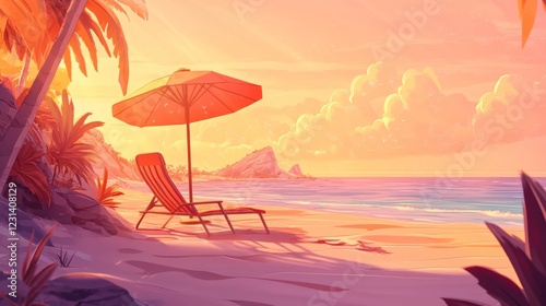 Serene sunset on tropical beach; empty lounge chair under umbrella, ocean view.