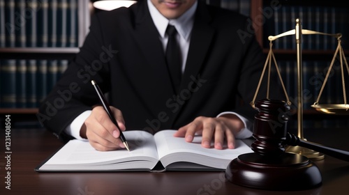 Lawyer in Suit Writing on a Legal Document at Office Desk. photo