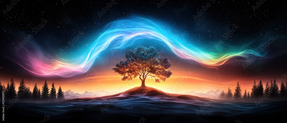 Obraz premium powerful multi lighting aurora mist in the shape of a Giant trees in the ancient worlds are extremely tall and magnificent. They can be seen as far as the eye can see, reaching as high as the sky
