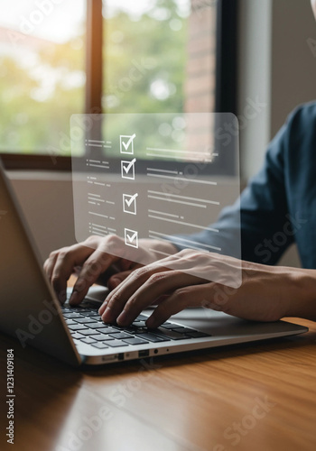 Person Working on Laptop with Digital Interface: A close-up of a person typing on a laptop with a digital interface overlay, emphasizing focus and technology.