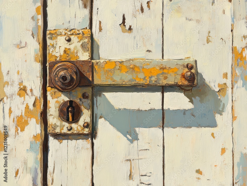 Close-up of a rusty, old door latch on weathered, white-painted wood. Close-up of a rusty, old door latch on weathered, white-painted wood.