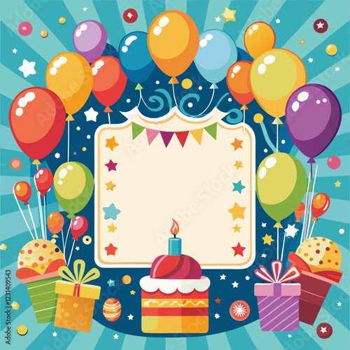 cute happy birthday social media post with ballons watercolor. Birthday Greeting card with photo. Crown on photo birthday wish banner.