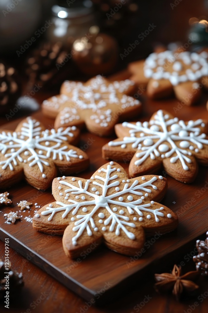 Gingerbread Cookies Shaped Like Snowflakes with White Icing on Rustic Wooden Table with Cinnamon Sticks and Star Anise Gingerbread Cookies Shaped Like Snowflakes with White Icing on Rustic Wooden Table with Cinnamon Sticks and Star Anise