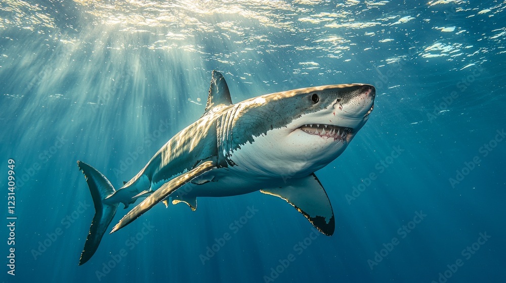 Fototapeta premium Diver descends into a stunning underwater paradise, exploring vibrant marine life as sunlight beams through clear ocean waters, creating a magical atmosphere
