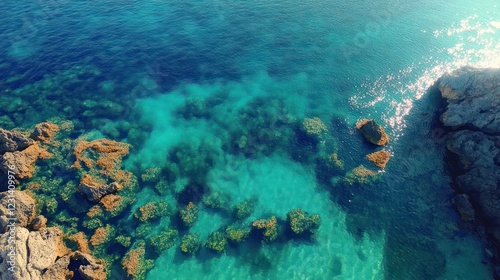 Aerial View of Turquoise Sea with Rocky Beach in Ghajn Tuffieha Bay Malta photo