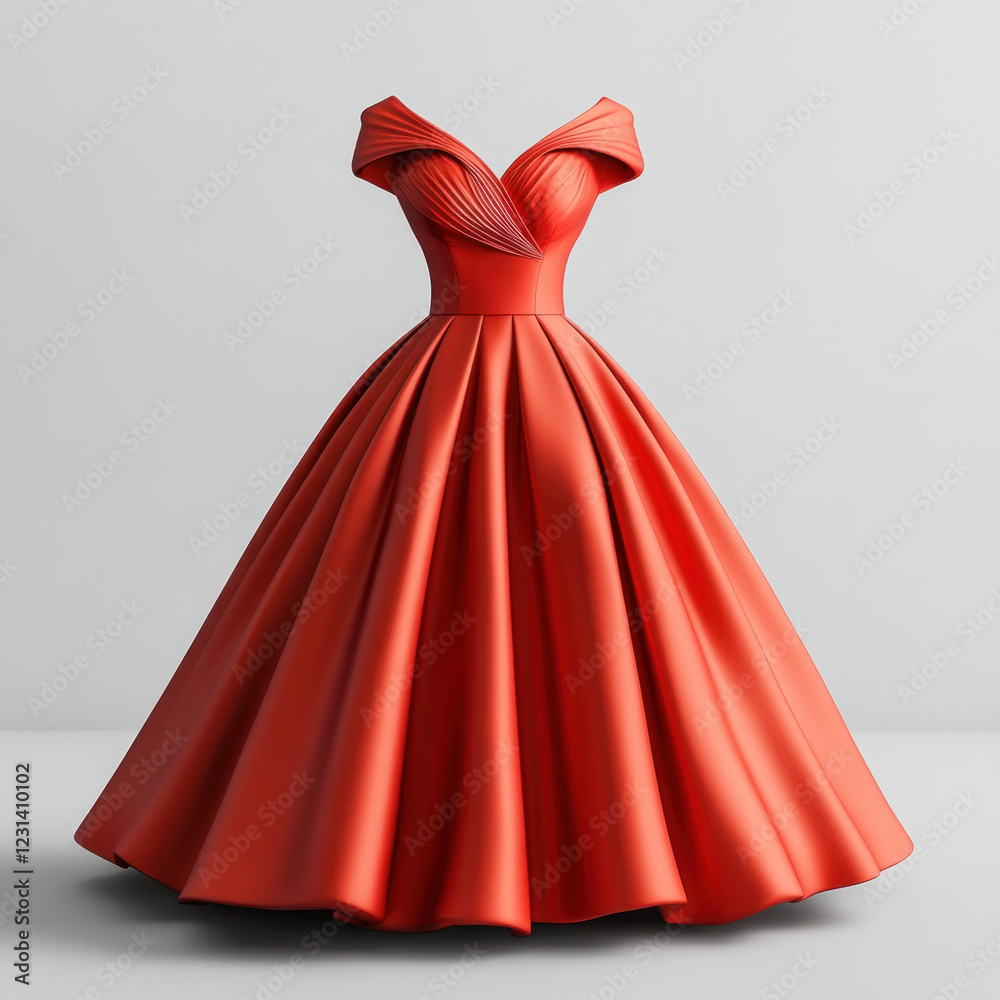 Red ball gown with a bow on the back, elegant and glamorous, hanging on a hanger against a white background. Red ball gown with a bow on the back, elegant and glamorous, hanging on a hanger against a white background.