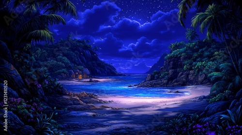 Serene Nocturnal Seascape Tranquil Cove Under a Starlit Sky