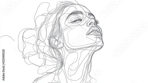 Continuous line drawing showing the facial features of a woman, showing her features with a single, discontinuous line on a white background.