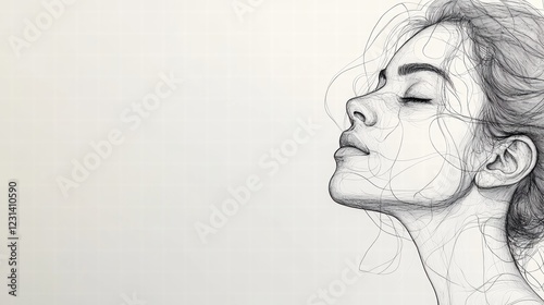 Continuous line drawing showing the facial features of a woman, showing her features with a single, discontinuous line on a white background.