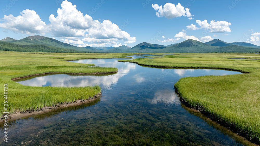 Serene wetland landscape, mountains backdrop, summer. Nature background for travel brochure Serene wetland landscape, mountains backdrop, summer. Nature background for travel brochure