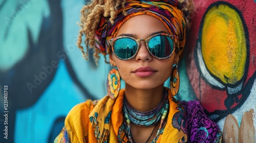 A creative portrait of a person dressed in colorful, artistic clothing, surrounded by vibrant graffiti or street art photo