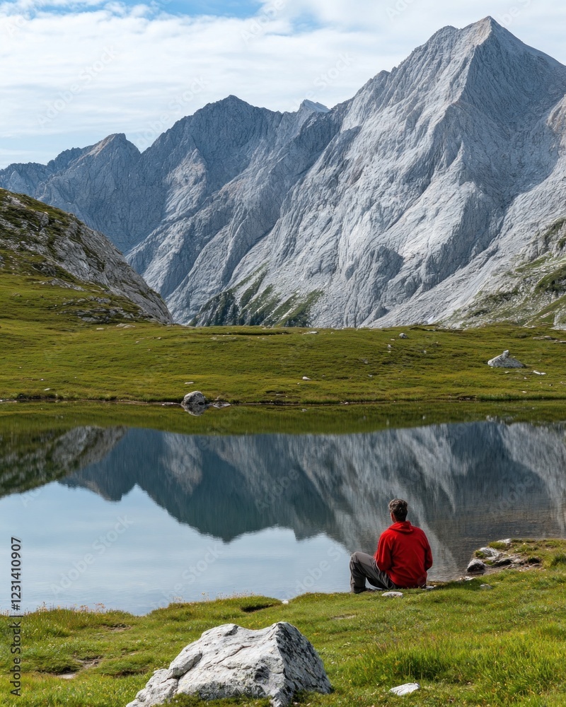 Fototapeta premium Person sits by serene mountain lake reflecting majestic peaks.