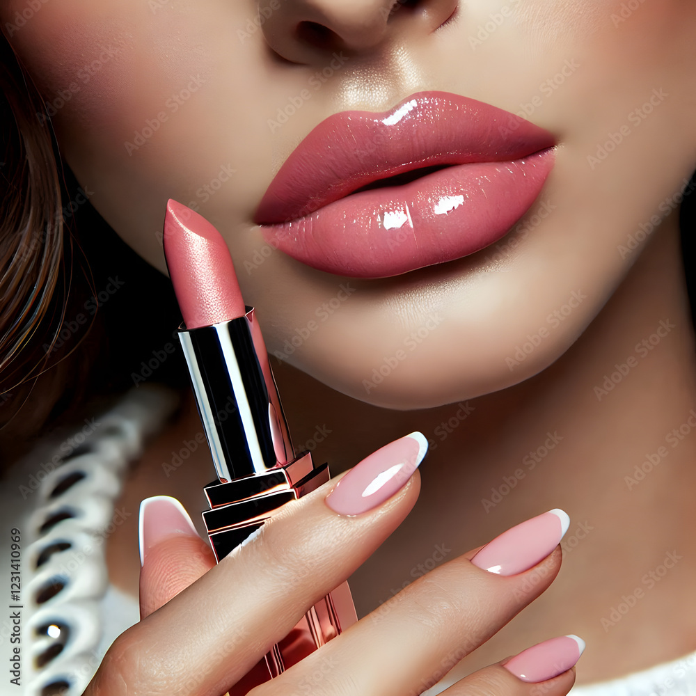 Obraz premium A Close up view of beautiful woman lips with light pink shiny lipstick