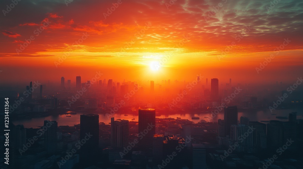 Fototapeta premium Fiery sunrise over hazy cityscape, river, urban panorama