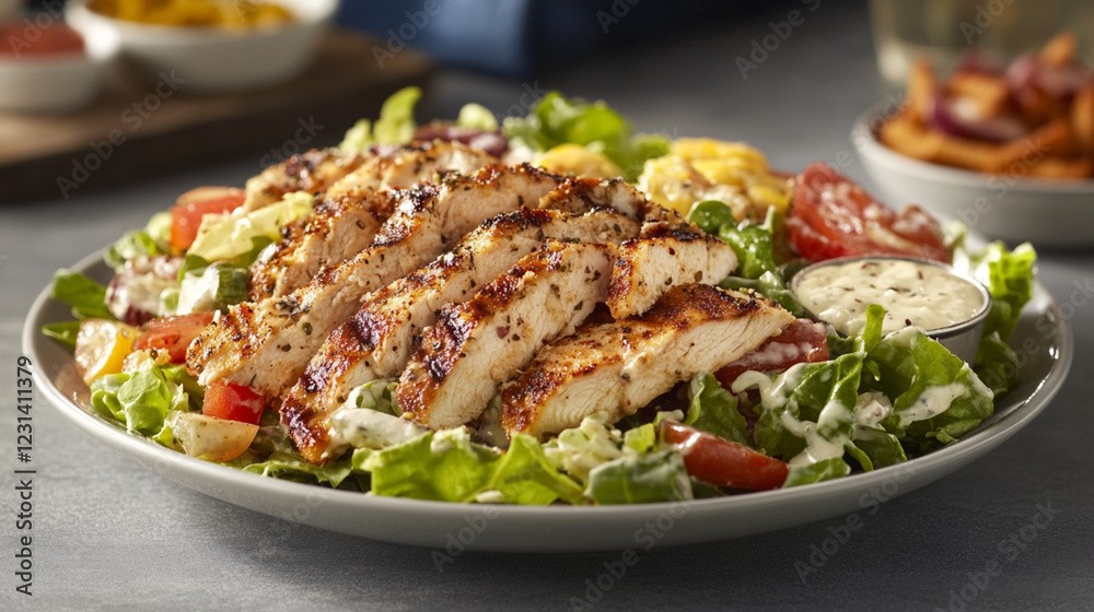 Crisp Romaine, Grilled Chicken, Creamy Caesar: Salad Perfection! Eat Food Meal Dish Lunch Fresh Plate Crisp Romaine, Grilled Chicken, Creamy Caesar: Salad Perfection! Eat Food Meal Dish Lunch Fresh Plate