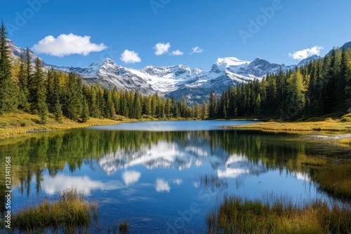 Alpine lake reflection, autumn, mountains, snow, sunny