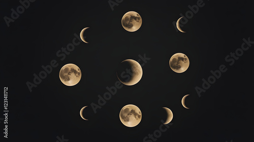 Mystic lunar cycle illustration with glowing yellow moons