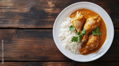 Fragrant Chicken Curry Masala with Rice, Fresh Coriander Garnish - Upscaled eat meal cook spicy tasty