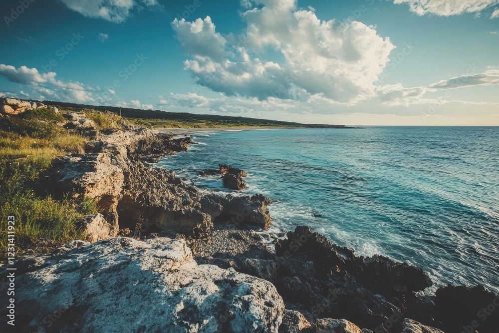 Coastal rocky beach sunset seascape, turquoise ocean Coastal rocky beach sunset seascape, turquoise ocean