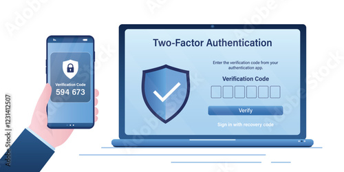 Two factor authentication, code on smartphone screen. 2FA icon, two factor verification password and login for user identity authentication, internet security. Private access.
