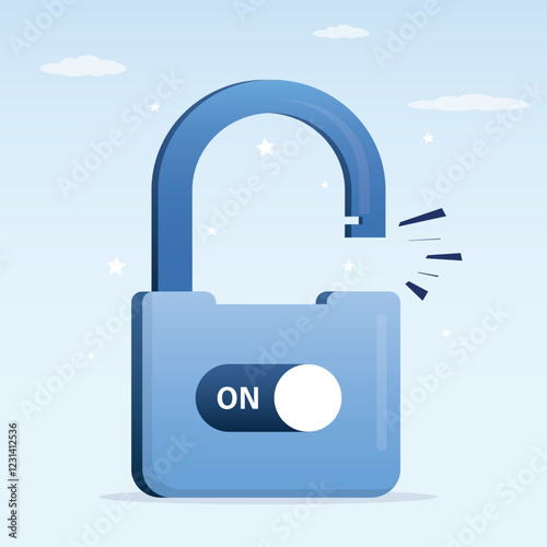 Unlock business. Turn on the switch to unlock the pad. Solve business problem. Liberation or difficulties overcoming. Powerful businessman reach independence and freedom.