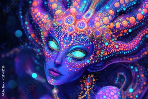 A digital painting of a mystical creature surrounded by vibrant neon colors, glowing lights, and intricate patterns. photo