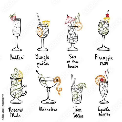 Alcohol drinks set. Hand drawn sketch set of tropical cocktails. Vector illustration. Outline bar menu, cold drinking restaurant beverages set.