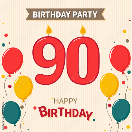 90th Anniversary. Invitation birthday card with balloons and candle. 