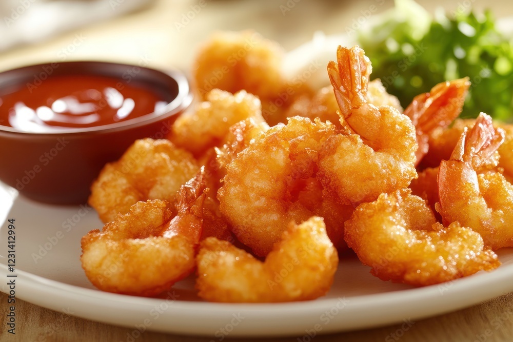 Crispy fried shrimp served with ketchup and salad. Crispy fried shrimp served with ketchup and salad.