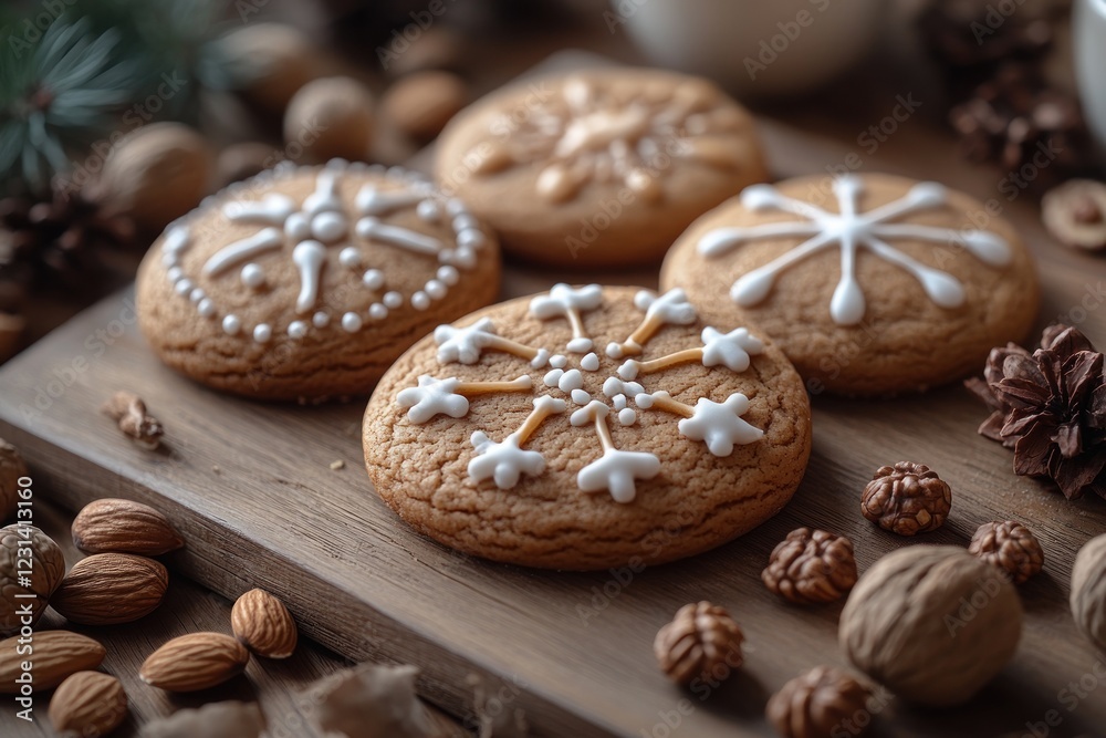 Gingerbread Cookie with Icing and Nuts on Rustic Wooden Table for Cozy Holiday Celebration Gingerbread Cookie with Icing and Nuts on Rustic Wooden Table for Cozy Holiday Celebration