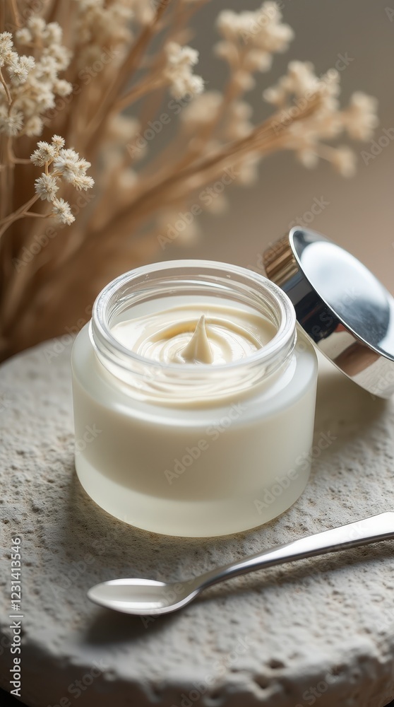 Luxurious face cream in a frosted glass jar on a serene tabletop setting Luxurious face cream in a frosted glass jar on a serene tabletop setting