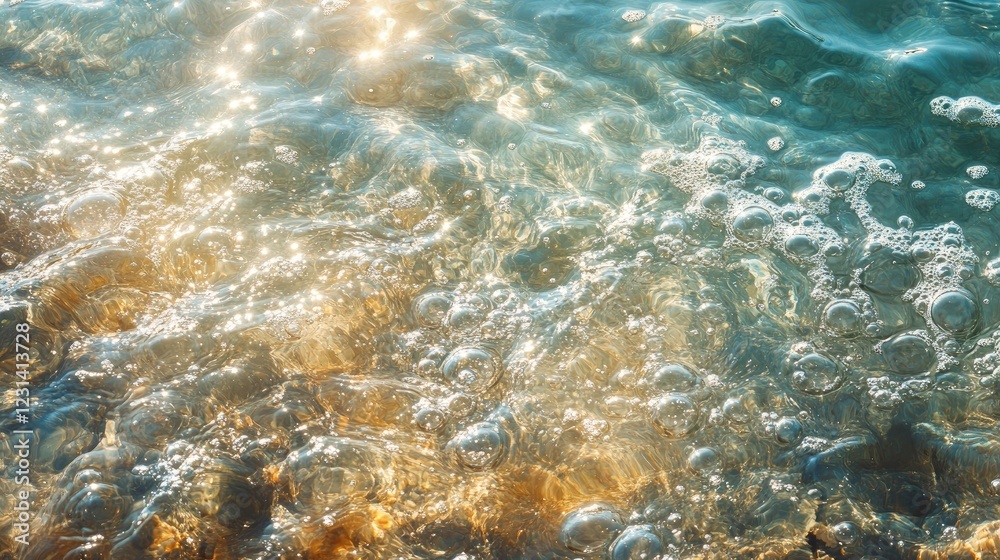 Fototapeta premium Clear water surface with gentle splashes and floating bubbles, capturing a tranquil and refreshing feel ideal for water, spa, or nature settings