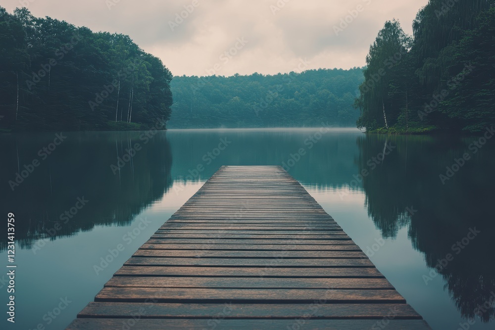 Serene misty lake pier, tranquil forest backdrop, peaceful reflection, travel postcard Serene misty lake pier, tranquil forest backdrop, peaceful reflection, travel postcard