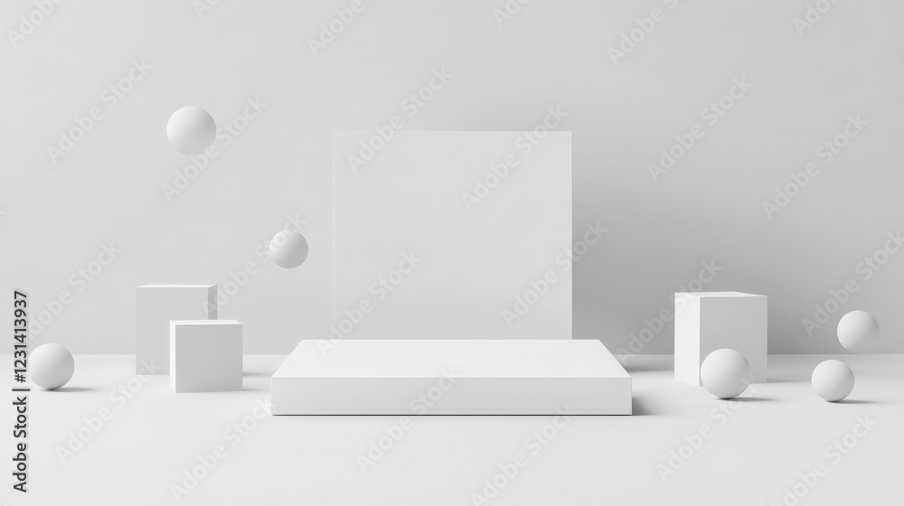 Abstract minimalist scene with white cubes, spheres, and a platform. Clean, modern, and elegant design. Abstract minimalist scene with white cubes, spheres, and a platform. Clean, modern, and elegant design.